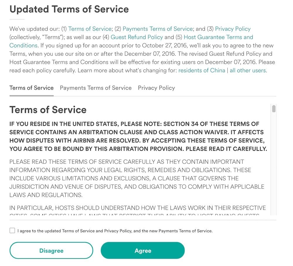 AirBnb Updated Terms of Service in Jun 2017: Checkbox with clickwrap