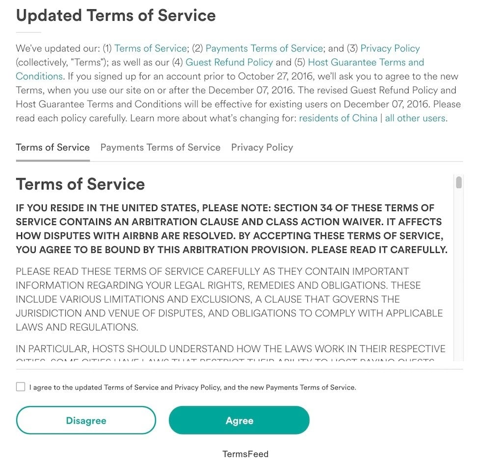 AirBnb Updated Terms of Service in Jun 2017: Checkbox with clickwrap