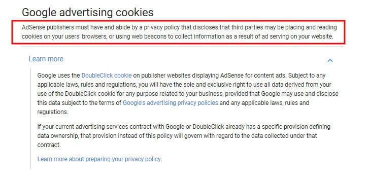 Google AdSense Program Policies: Google Advertising Cookies