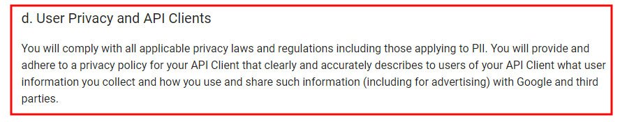 Google API Terms of Service User Privacy and API Clients Clause