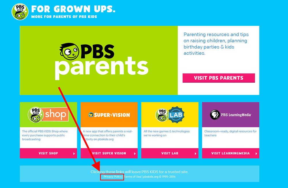 PBS Kids: Parents Page: Privacy Policy links in footer