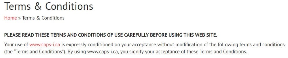 The Canadian Association of Public Schools Terms and Conditions telling users to read the Terms before using website