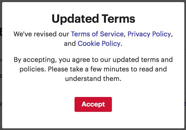 Meetup: Update of Terms of Service, Privacy Policy and Cookie Policy cklickwrap notification
