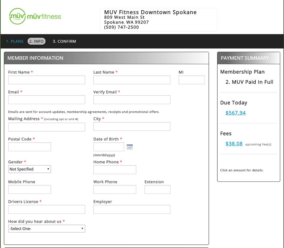 Muv Fitness’ online sign-up form for new members