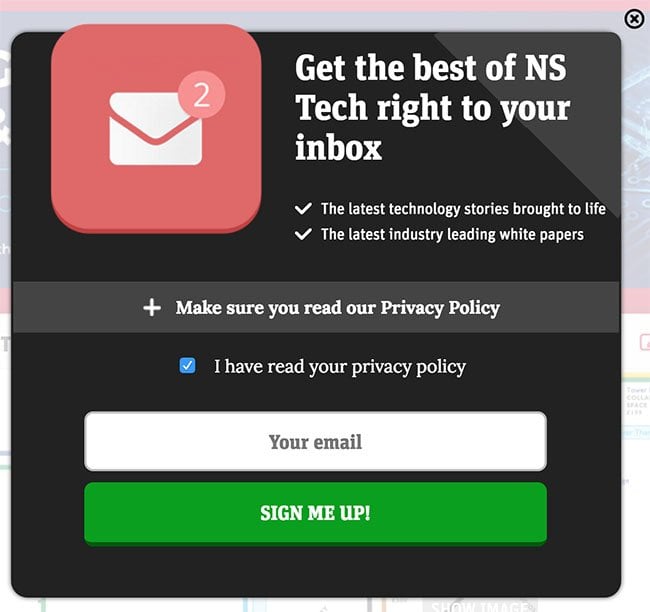Tech New Statesman: Example of checked checkbox for clickwrap when users read Privacy Policy