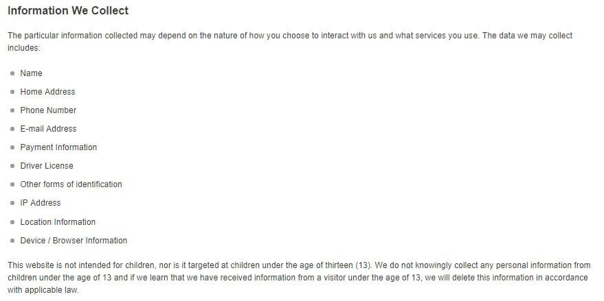 Uhaulâ€™s Privacy Policy Information We Collect Clause with List