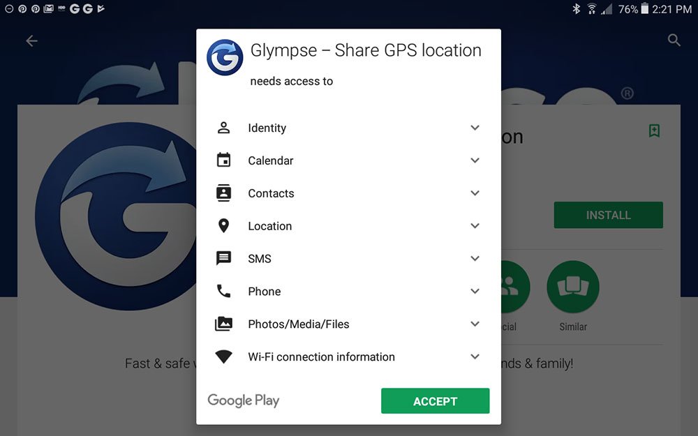 Glympse app notification: Users can accept sharing GPS location