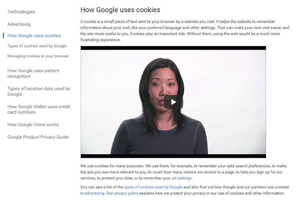 How Google Uses Cookies page and video