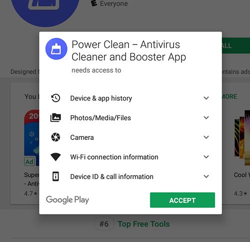 Power Clean Android app Permissions Accept box