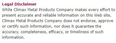 Legal Disclaimer for Climax Metal Products