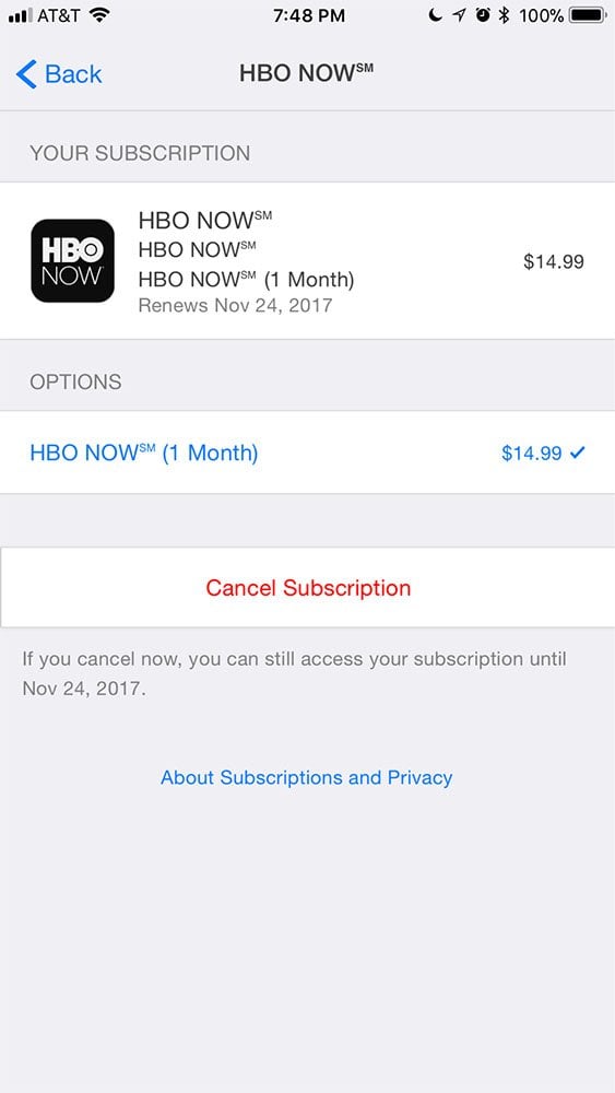 HBO Now Apple iOS app: Cancel Subscription option in menu
