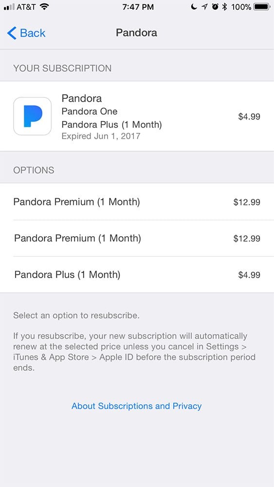 Pandora music mobile app subscription options menu