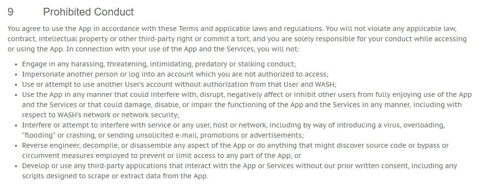 WASH Terms of Use: Prohibited Conduct clause