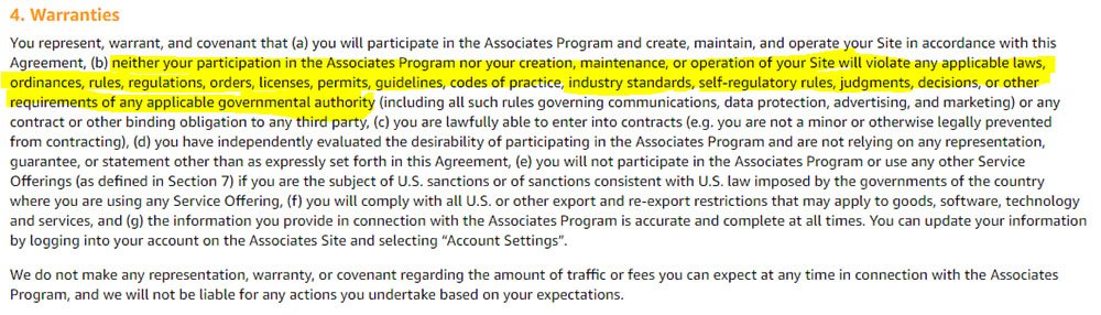 Amazon Associates Program Operating Agreement: Warranties clause