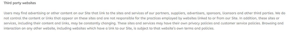 Bravolol Privacy Policy: Third Party Websites clause