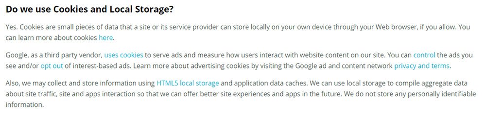 Mixesoft Privacy Policy: Cookies and Local Storage clause