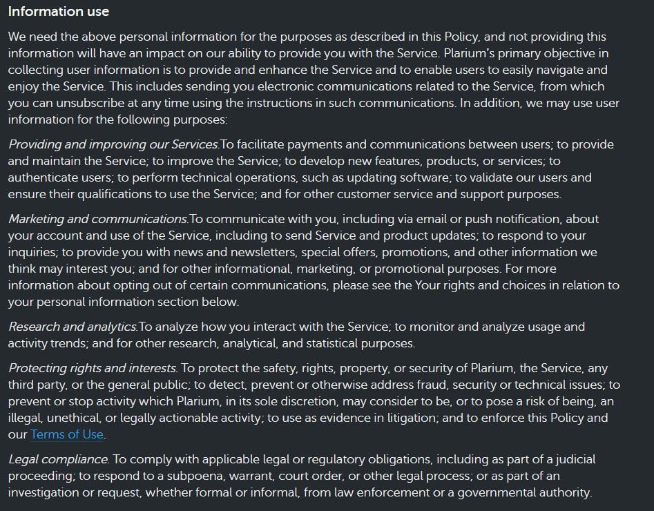 Plarium Privacy Policy: Information Use clause
