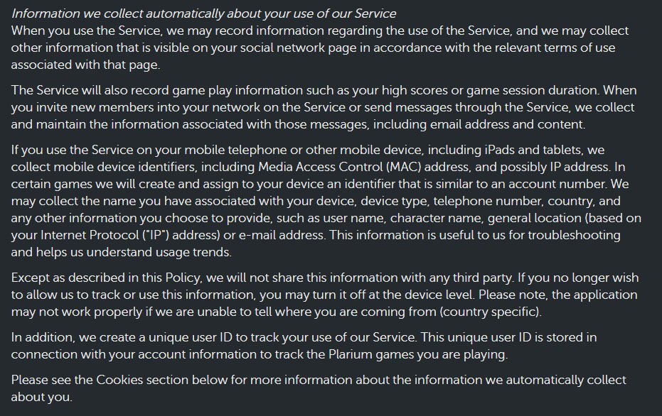 Plarium Privacy Policy: Information We Collect Automatically clause