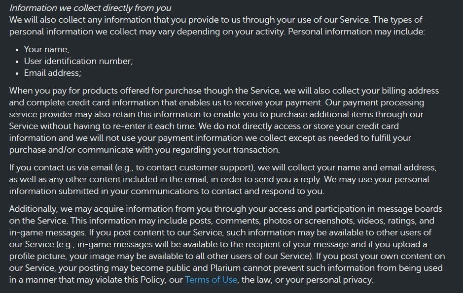 Plarium Privacy Policy: Information We Collect Directly clause