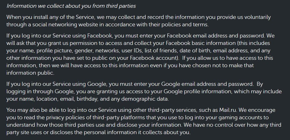 Plarium Privacy Policy: Information We Collect From Third Parties clause