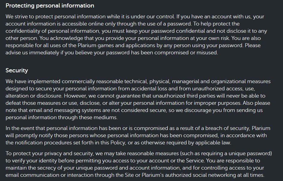Plarium Privacy Policy: Security and Protecting Personal Information clauses