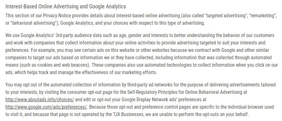 Sierra Trading Post Privacy Policy: Interest-Based Online Advertising and Google Analytics clause