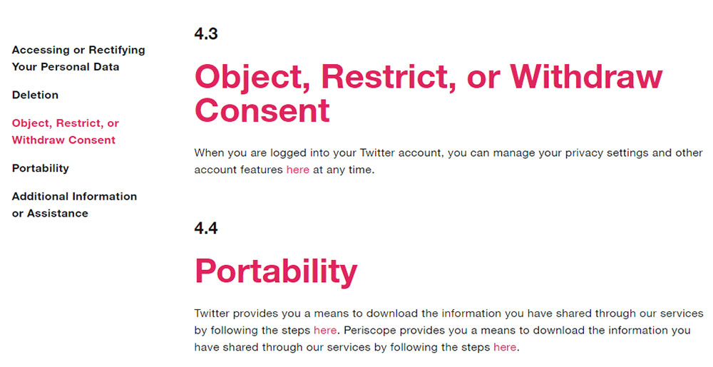Twitter Privacy Policy Chapter 4 excerpt: GDPR rights: Object, Restrict or Withdraw Consent and Portability clauses