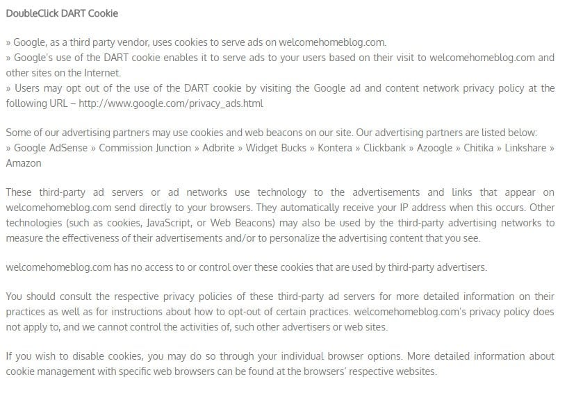 Welcome Home Blog Adsense Privacy Policy: DoubleClick DART Cookie clause