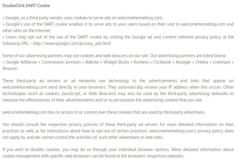 Welcome Home Blog Adsense Privacy Policy: DoubleClick DART Cookie clause