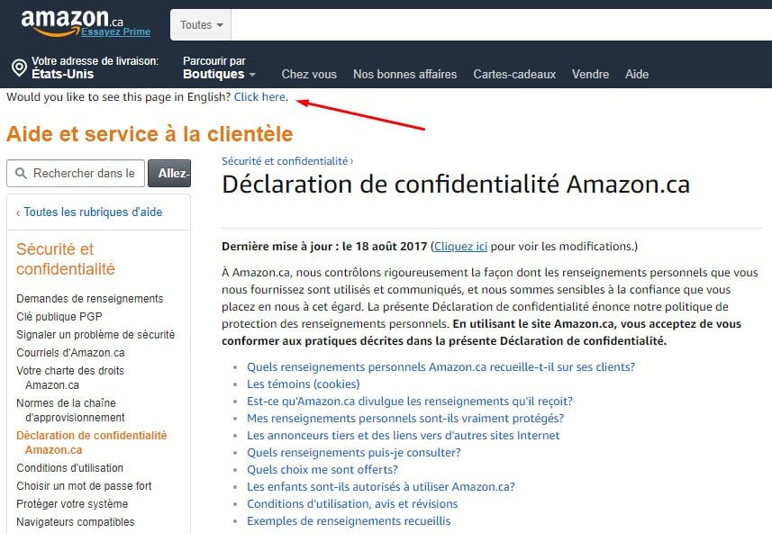 Amazon Canada: French version Privacy Policy with option to switch to English highlighted
