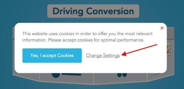 Blueconic cookies notification message with Change Settings link