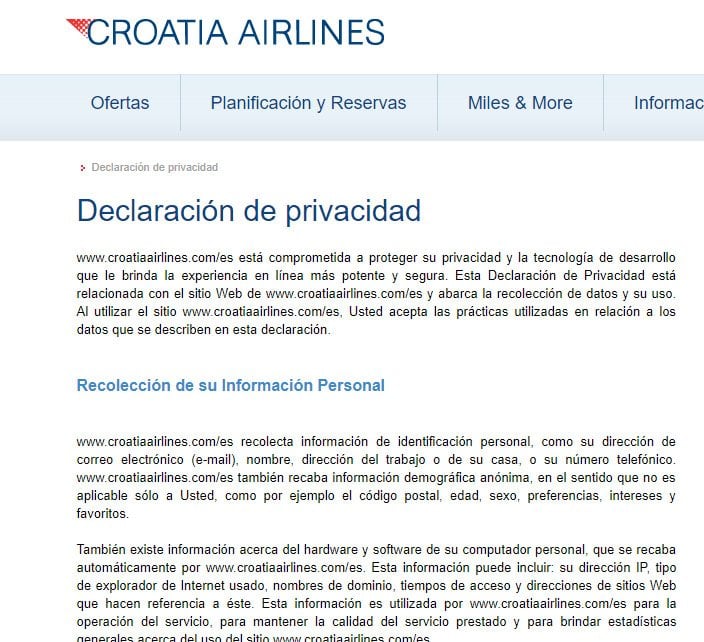 Croatia Airlines Privacy Policy - Spanish version intro