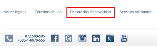 Croatia Airlines website footer with link to Privacy Policy in Spanish