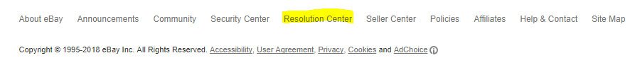 eBay footer links with Resolution Center highlighted