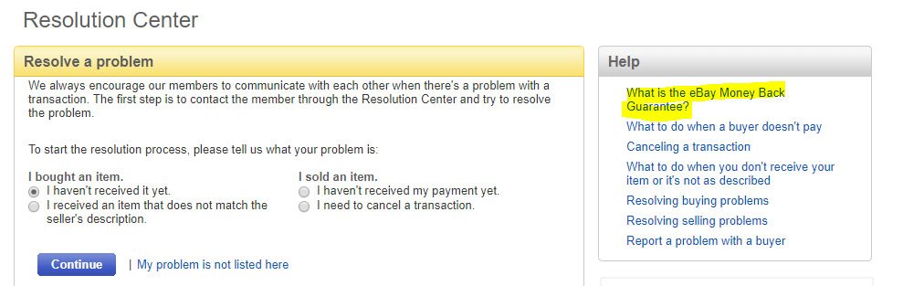 eBay Resolution Center with Money Back Guarantee link highlighted