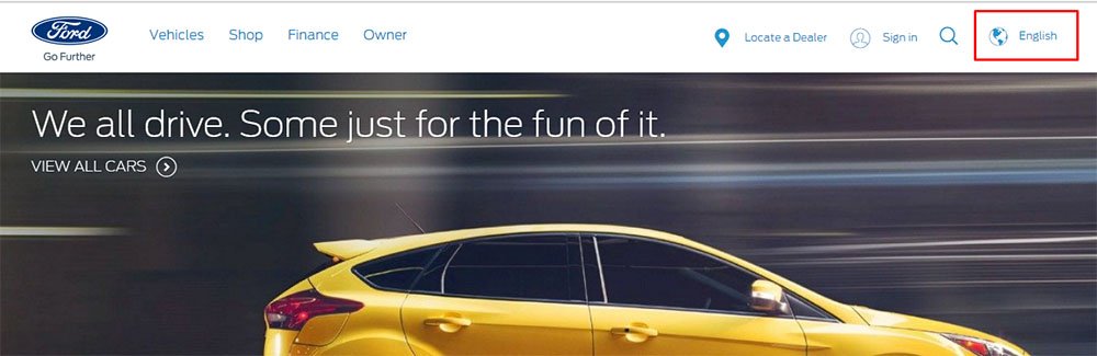 Ford Motor Co. website homepage showing the option to change languages