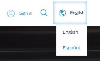 Ford Motor Co. website language change menu showing English and Spanish