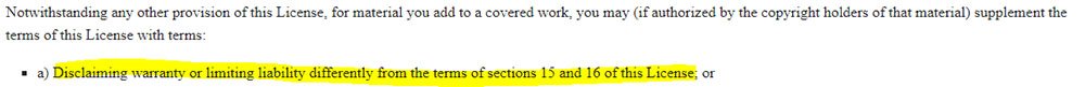 GNU General Public License: Permission for users to supplement the Warranty and Limitation of Liability clauses