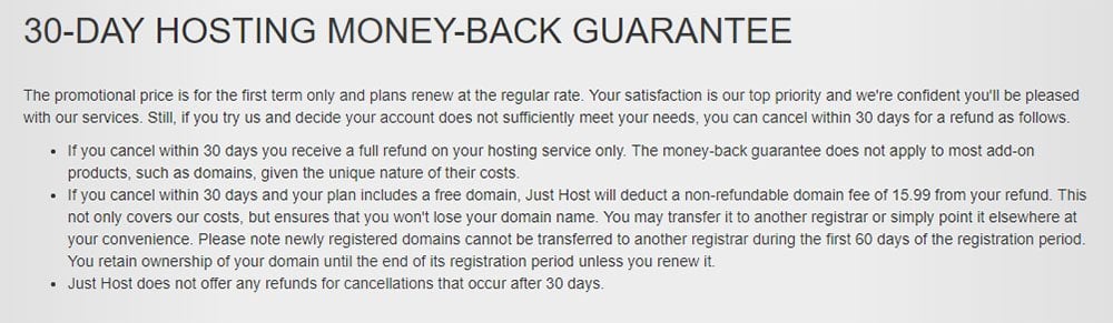 Just Host 30-Day Hosting Money Back Guarantee