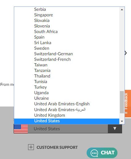 Lenovo website footer with option to select country