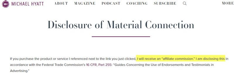 Michael Hyatt: Disclosure of Material Connection for reviews and affiliate disclaimers
