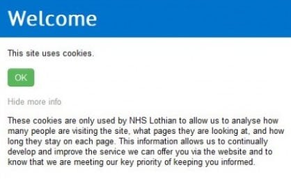 NHS Lothian cookies notification message