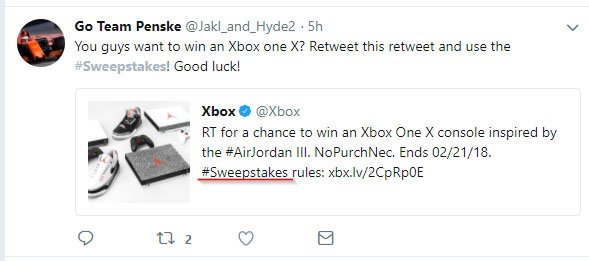 Xbox Twitter sweepstakes post using a hashtag disclaimer