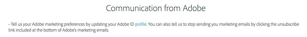 Adobe Privacy Policy: Communication clause with unsubscribe information