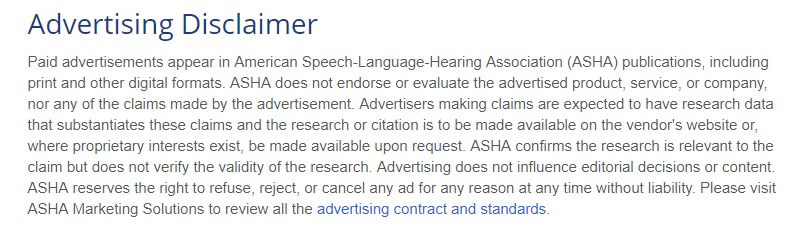 ASHA Advertising Disclaimer