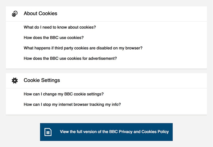 BBC: About Cookies and Cookie Settings menus