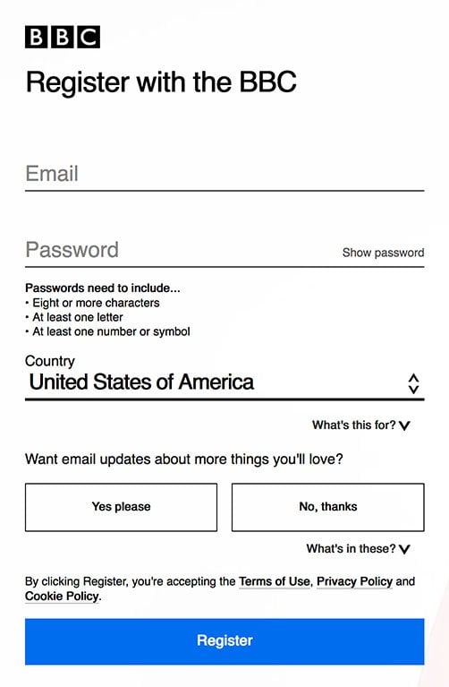 BBC registration form showing email opt-in
