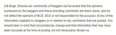 BCS Disclaimer of Liability for blog comments