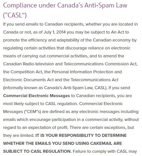 Cakemail Anti-Spam Policy: CASL Compliance clause