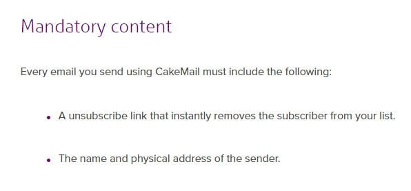 Cakemail Anti-Spam Policy: Mandatory Content clause